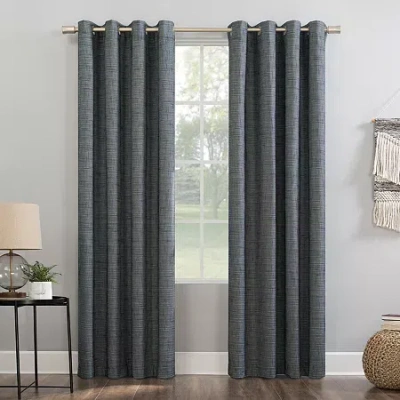 Sun Zero Kline Burlap Weave Thermal Extreme Grommet Top Energy Saving 100% Blackout Single Curtain Panel In Blue
