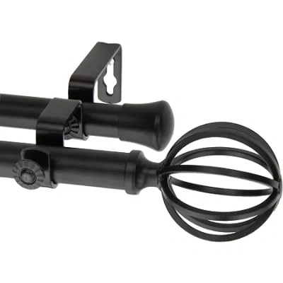 Rod Desyne Double 13/16" Adjustable Curtain Rod With Cage Finials In Black