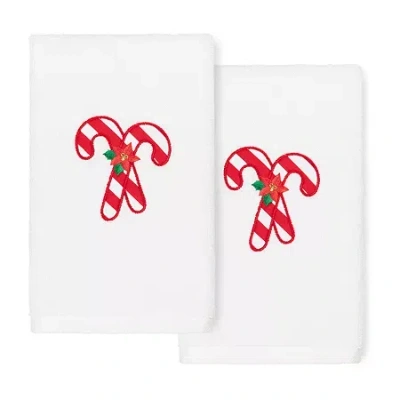 Linum Home Textiles Xmas Candy Canes Embroidered 2-pc. Hand Towel In White