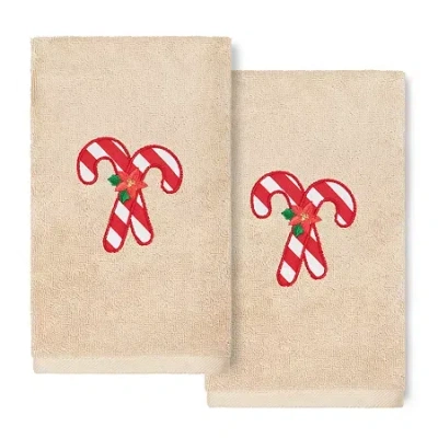 Linum Home Textiles Xmas Candy Canes Embroidered 2-pc. Hand Towel In Neutral
