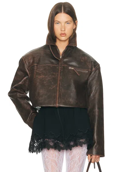 Helsa The Leather Oversized Moto Jacket In Brown