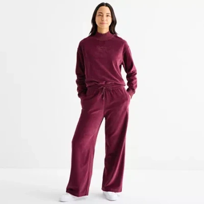 Reebok Womens High Rise Velour Wide Leg Sweatpant In Red