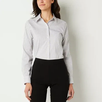 Liz Claiborne Womens Long Sleeve Regular Fit Wrinkle Free Poplin Button-down Shirt In White