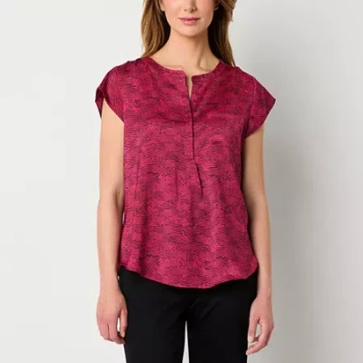 Liz Claiborne Womens Crew Neck Short Sleeve Satin Blouse In Red