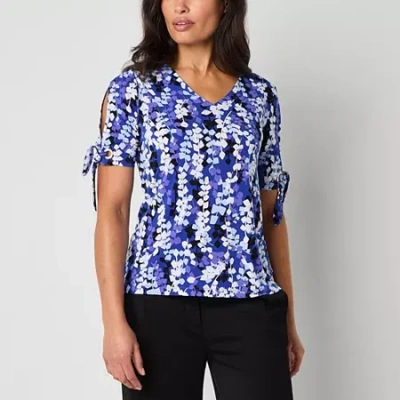 Liz Claiborne Womens V Neck Short Sleeve Blouse In Blue