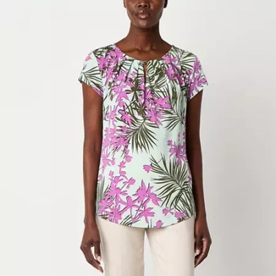 Liz Claiborne Womens Keyhole Neck Short Sleeve Blouse In Animal Print