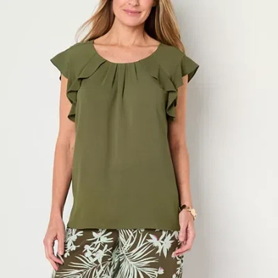 Liz Claiborne Womens Crew Neck Short Sleeve Satin Blouse In Green
