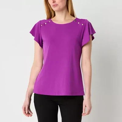 Liz Claiborne Womens Round Neck Short Sleeve Blouse In Purple