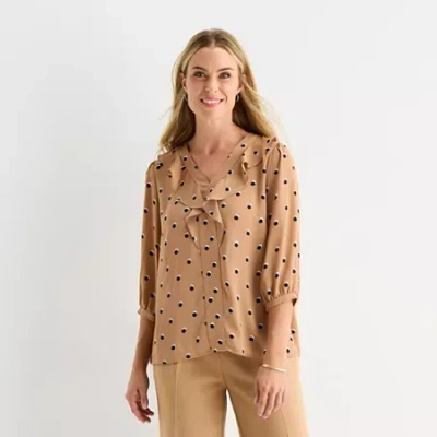 Liz Claiborne Womens V Neck 3/4 Sleeve Blouse In Brown