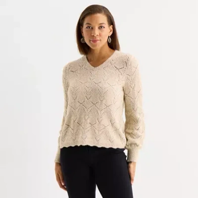 Liz Claiborne Womens V Neck Long Sleeve Pullover Sweater In White