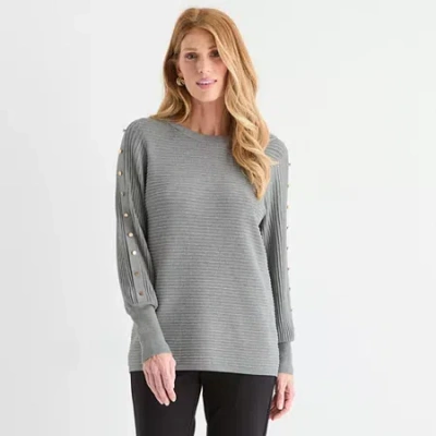 Liz Claiborne Womens Crew Neck Long Sleeve Striped Pullover Sweater In Gray
