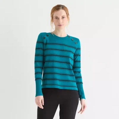 Liz Claiborne Womens Crew Neck Long Sleeve Striped Pullover Sweater In Blue