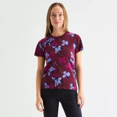 Liz Claiborne Womens Crew Neck Short Sleeve Floral Pullover Sweater In Red