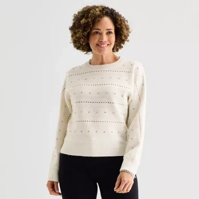 Liz Claiborne Womens Crew Neck Long Sleeve Pullover Sweater In White