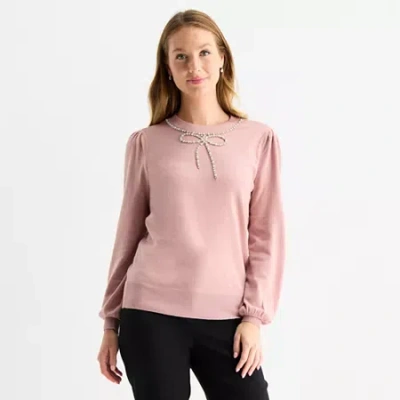 Liz Claiborne Womens Crew Neck Embellished Long Sleeve Pullover Sweater In Pink