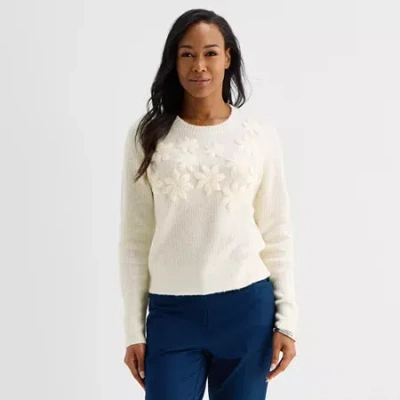 Liz Claiborne Womens Crew Neck Embellished Long Sleeve Pullover Sweater In Sand