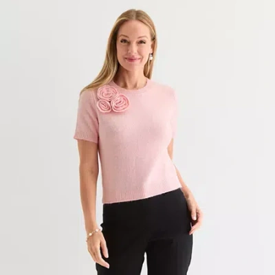 Liz Claiborne Womens Crew Neck Short Sleeve Pullover Sweater In Pink