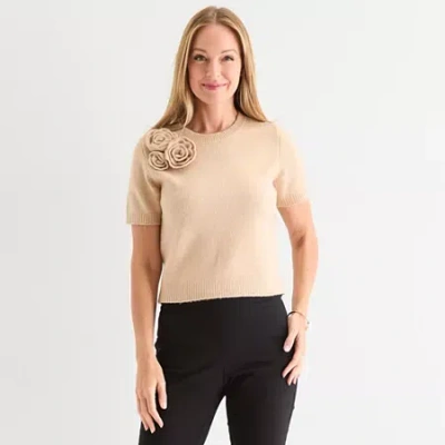 Liz Claiborne Womens Crew Neck Short Sleeve Pullover Sweater In Sand