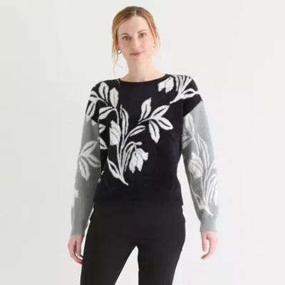Liz Claiborne Womens Crew Neck Embellished Long Sleeve Floral Pullover Sweater In Black