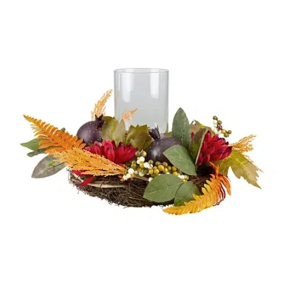Northlight Mums With Pomegranate Fall Harvest Pillar Candle Holder Centerpiece In Multi
