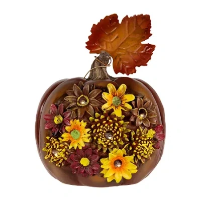 Northlight "8"" Lighted Solar Powered Floral Fall Harvest Pumpkin Outdoor Decoration" Thanksgiving Yard Art In Brown