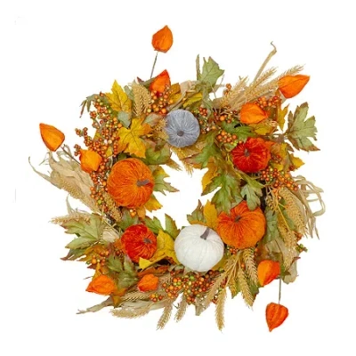 Northlight Velvet Pumpkins And Wheat Artificial Fall Harvest 24-inch Unlit Wreath In Multi