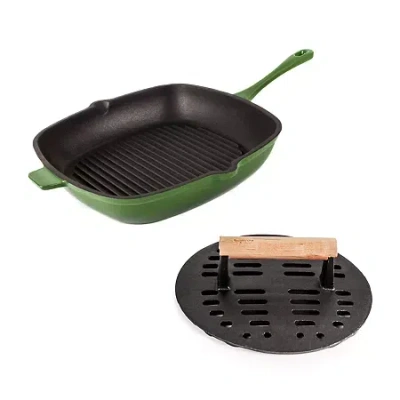 Berghoff Neo Cast Iron Grill Pan And Slotted Steak Press Set In Green