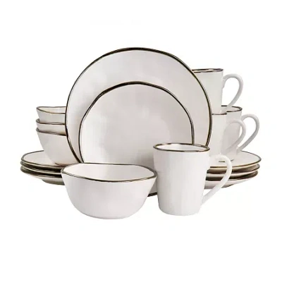 Elama Modern 16pc Stoneware Dinnerware Set In Matte White With Gold-tone Rim