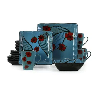 Elama Aloha Tide 16 Piece Luxurious Stoneware Dinnerware With Complete Setting For 4 In Red