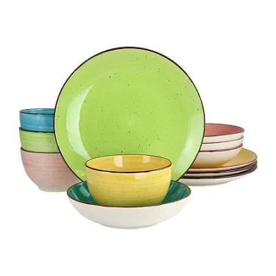Elama Hudson 12 Piece Double Bowl Stoneware Dinnerware Set In Multi