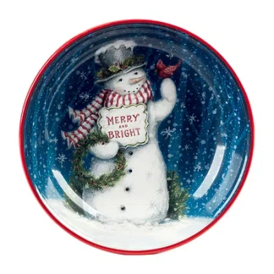 Certified International Snowman Greetings Serving Bowl In Blue