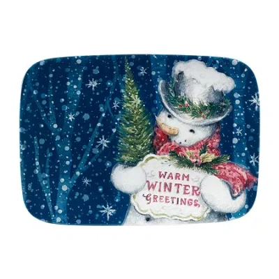 Certified International Snowman Greetings Rectangular Serving Platter In Blue