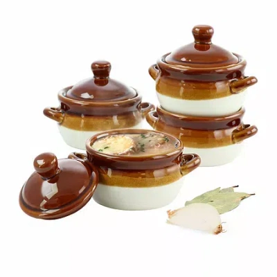 Elama 4 Piece Double Handle 15 Ounce French Onion Soup Bowl With Lid In Brown