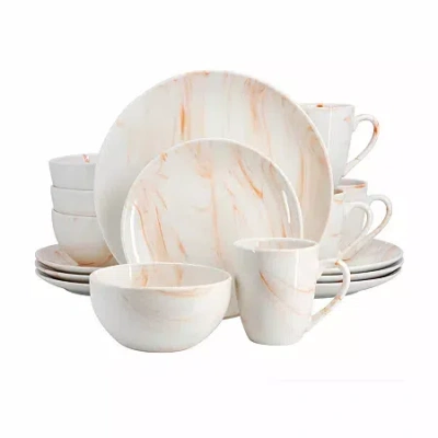 Elama Fine Marble 16 Piece Porcelain Dinnerware Set In Orange
