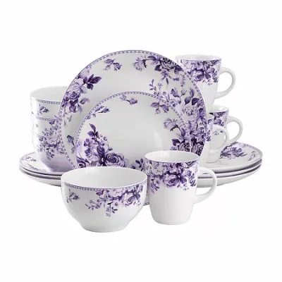 Elama Traditional Purple Rose 16 Piece Stoneware Dinnerware Set In Purple