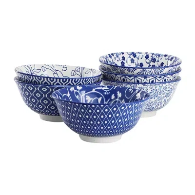 Elama Moxy 6 Piece Assorted Design 20oz Porcelain Footed Bowl Set In Blue