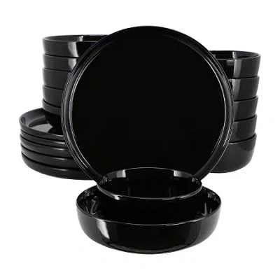 Elama Duncan 18 Piece Black 18-pc. Porcelain Dinnerware Set In Black