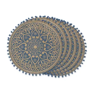 Design Imports French Blue Block Print On Natural Round Jute 6-pc. Table Linen Set In Black