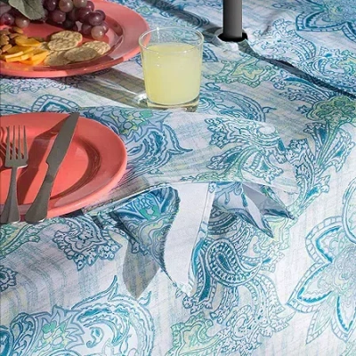 Design Imports Blue Watercolor Paisley Print Outdoor With Zipper Tablecloth In Blue