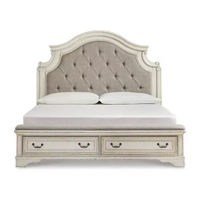 Signature Design By Ashley Realyn Upholstered Panel Bed With 2 Storage Drawers In Chipped White In Sand