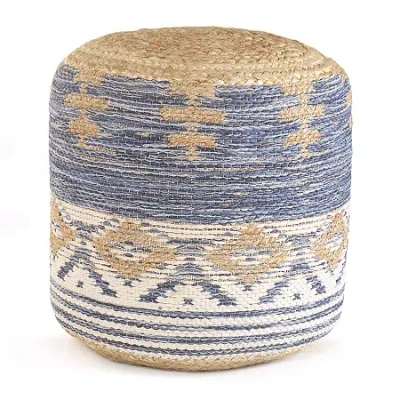 Lr Home Elma Handmade Jute Blend Medium Pouf Striped Ottoman In Blue