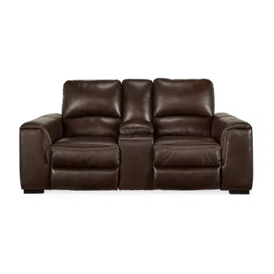 Signature Design By Ashley Alessandro Dual Power Leather Reclining Loveseat With Console In Brown