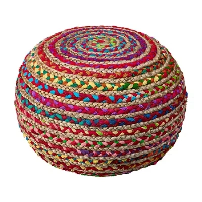 Lr Home Ellie Handmade Jute Medium Pouf Striped Ottoman In Red