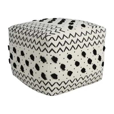 Lr Home Verena Handmade Cotton Medium Pouf Bordered Ottoman In White
