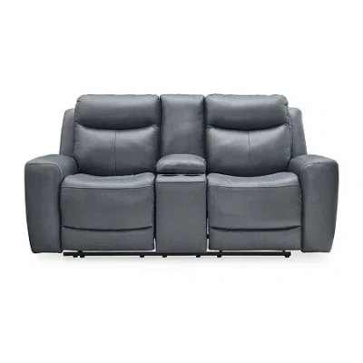 Signature Design By Ashley Mindanao Dual Power Leather Reclining Loveseat With Console In Blue