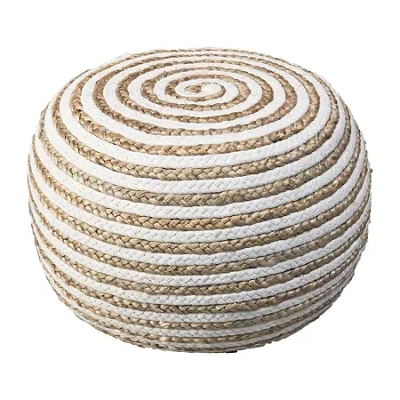 Lr Home Ellie Handmade Jute Medium Pouf Striped Ottoman In White
