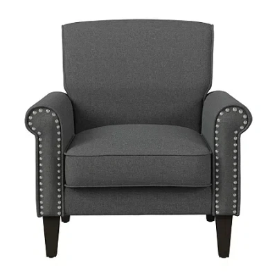 Handy Living Jean Traditional Rolled Arm Accent Chair With Pewter Nailheads In Linen In Gray
