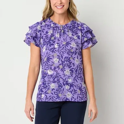Liz Claiborne Womens Crew Neck Short Sleeve Blouse In Purple