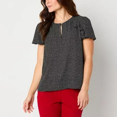 Liz Claiborne Womens Round Neck Short Sleeve Blouse In Black