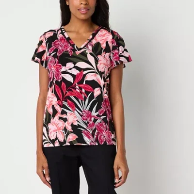 Liz Claiborne Womens V Neck Short Sleeve Blouse In Red